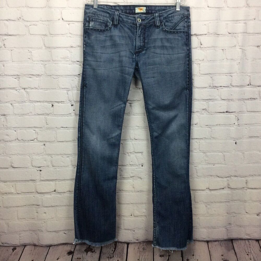 Antik Denim Jeans Women's Sz 31 Blue Denim Embroidered Pockets Bootcut Low Rise